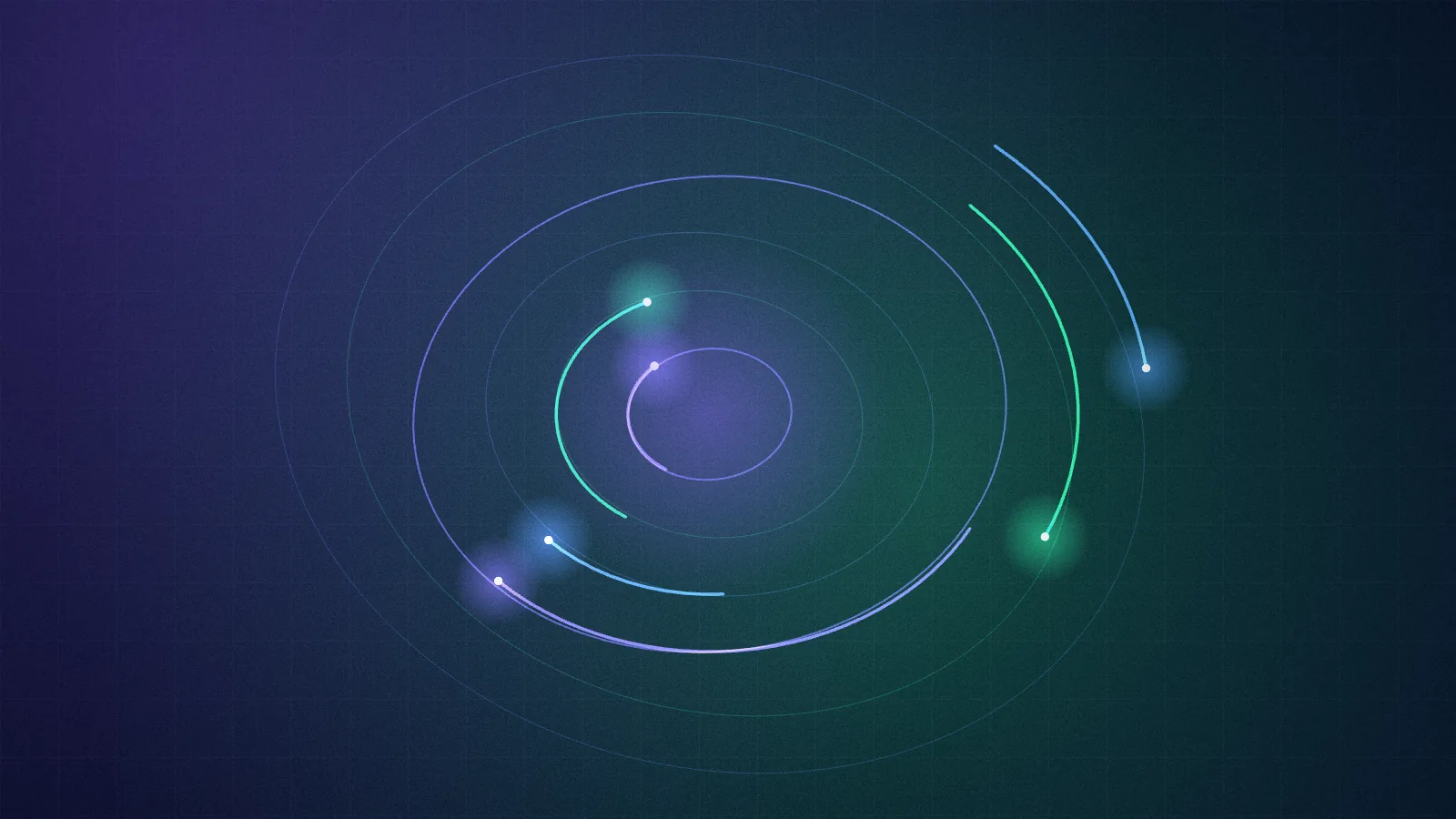 Abstract art: orbits and arcs with bright points circling a centre