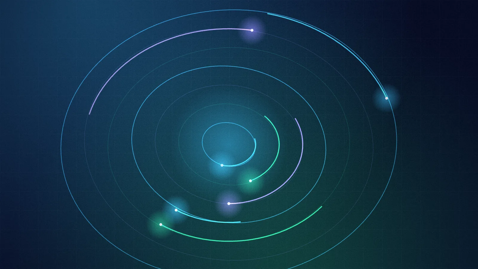 Abstract art: orbits and arcs with bright points circling a centre